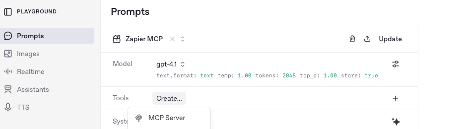 Open AI playground with MCP